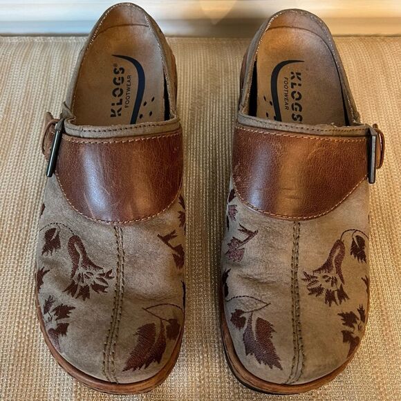 KLOGS woman’s Size 7.5 Clog Leather Upper Embroidered Brown with Buckle “Austin” - Picture 8 of 16